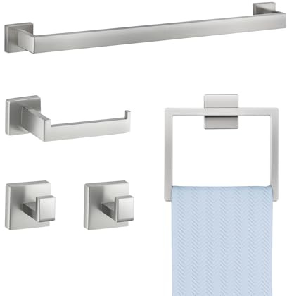 VEVOR Brushed Nickel Bathroom Hardware Set, 5 Pieces Bathroom Accessories Set, Stainless Steel 24 inch Towel Bar, Towel Rack, 2 Robe Towel Hooks, Toilet Paper Holder for Bath Room, Wall Mounted