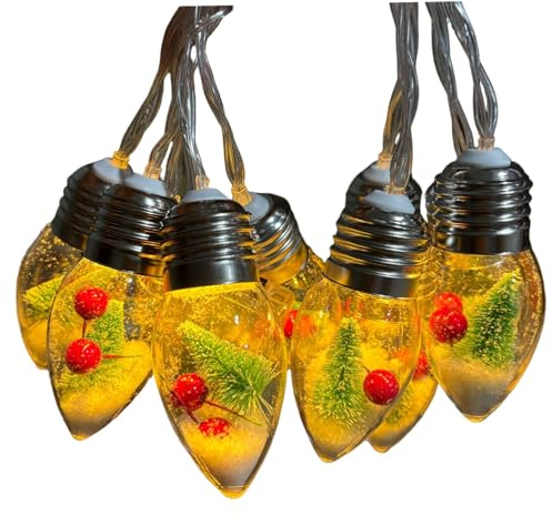 Peosaard Cadena de Luces navideñas, Luces navideñas Vintage, Cadena de Bombillas de Globo de 20 LED de 10 pies con Adornos de Nieve de árbol de Bayas para Chimenea, repisa, árbol de Navidad, Interior