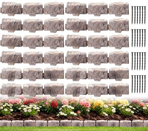 Bordure de jardin imitation pierre pour aménagement paysager, 7 cm de haut, bordure de jardin décorative pour parterre de fleurs, pelouse, pavé, avec piquet, 5,2 m, marron clair