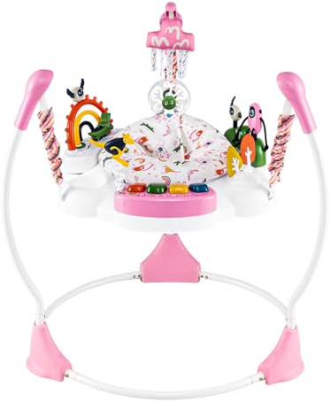 COSTWAY Saltador Bebe, Centro de Actividades para Bebés con Altura Ajustable en 3 Niveles, 6 Juguetes Interactivos, Luces y Música, Asiento Giratorio de 360°, Saltador y Balancín para Bebe de 6+Meses