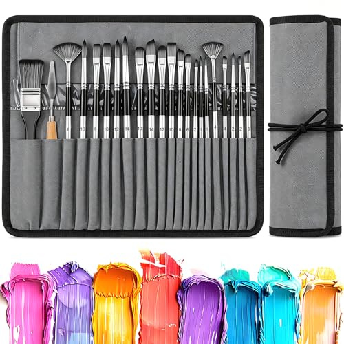 24pcs Professional Paint Brushes Set, Professional Oil Paint Brush with Cloth Roll, Synthetic Hair Artist Brushes Suitable, Painting Tools Set for Acrylic Painting Oil Watercolour Gouache (Grey)