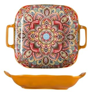 RXJPASD Piatto quadrato in ceramica da 22,9 cm, in stile bohémien, con manici a doppia orecchio, adatto al forno e al microonde (22,9 cm, quadrato, arancione)