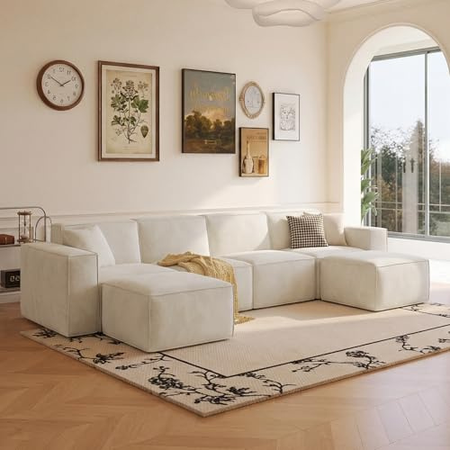 LINSY HOME Ecksofa mit Schlaffunktion - 338cm Modulares Schlafsofa, U Form Couch, Sektionssofas für Wohnzimmer, Keine Montage erforderlich (Chenille, Weiß, 4 Sitze mit 2 Ottomane)