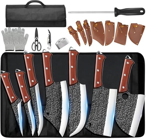 Zeng Juego de Cuchillos de Cocina 14 Piezas con Estuche Plegable – Cuchillo de Carnicero, Cuchillo de Pescado, Cuchillo Chef – Lamas Acero Inoxidable, Mango Madera – Ideal para Camping