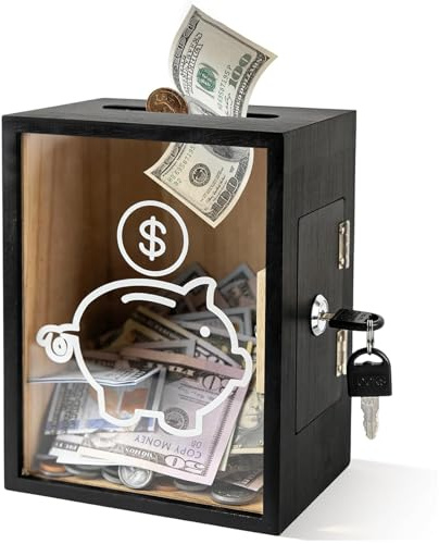 Money Saving Box Clear Piggy Bank, Secure Money Wooded Saving Box Jar with Lock, Openable Clear Money Coin Change Bank Jar Container for Cash Coins Tips, for Adults and Kids, 20x12x15 Cm