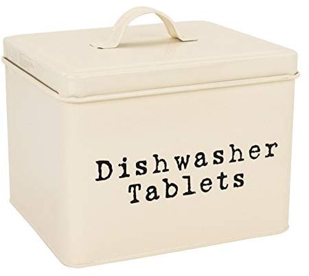 Harbour Housewares Industrial Dishwasher Tablet Storage Tin - Vintage Style Steel Kitchen Storage Caddy with Lid - Cream