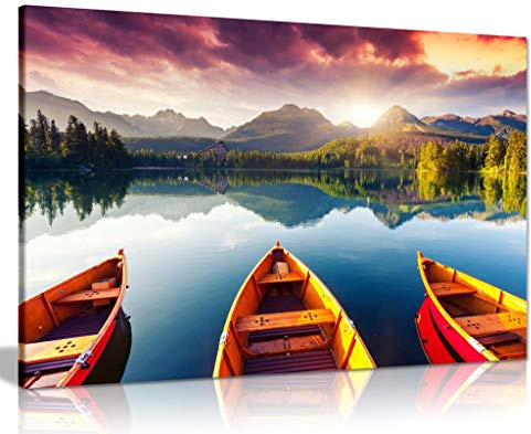 Mountain Landscape Lake Sunset Three Boats Trees Canvas Wall Art Picture Print (24x16)