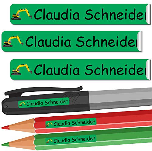 INDIGOS UG - Namensaufkleber Kinder Schule - 49x7 mm - personalisierbar - 004 - Bagger - 88 Sticker - Namensschilder personalisiert - Aufkleber selbst gestalten - Stifte, KITA, Federmappe