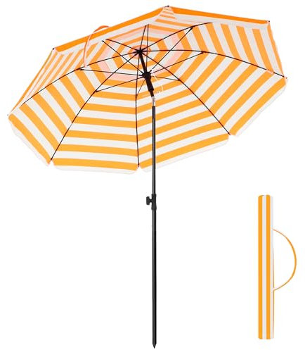 SONGMICS Sonnenschirm 160 cm, Sonnenschutz, UPF 50+, Strandschirm, beidseitig um 30° knickbar, höhenverstellbar, mit Tragetasche, Balkon, Garten, Strand, ohne Ständer, orange-weiß gestreift GPU60OW