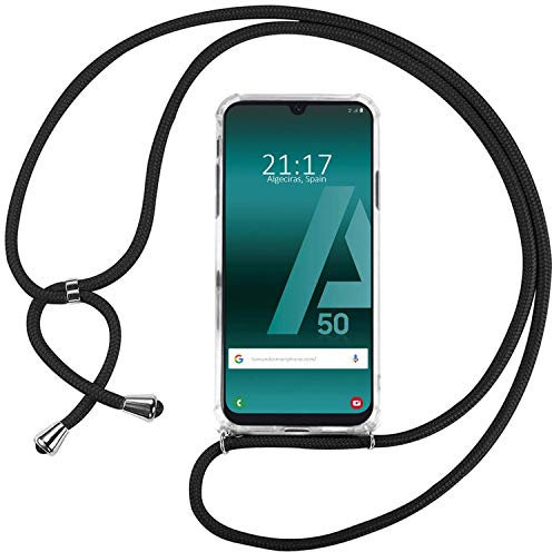 Ingen Handykette kompatibel mit Samsung Galaxy A50, Transparent Hülle mit Einstellbar Kordel zum Umhängen, Crystal Silikon Handyhülle Stoßfest - Schwarz