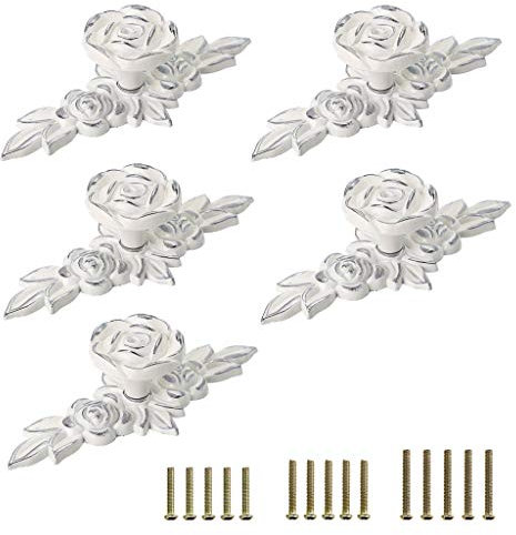 JUXYES Lot de 5 boutons d'armoire décoratifs avec plaque – Motif floral ivoire – Boutons de tiroir de placard, poignées de tiroir blanc ivoire – Poignées d'armoire pour commode (S, ivoire avec argent)