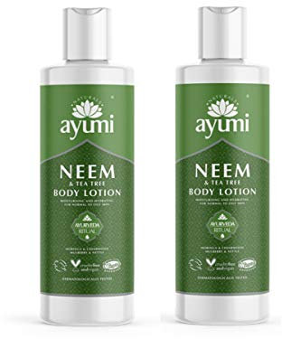 Ayumi Neem & Tea Tree Body Lotion | Oil Control Moisturiser for Oily Skin | Acne Cream with Witch Hazel | Nettle Leaf Hand Cream to Soothe Irritation | Body Moisturiser for Men & Women | 2 x 250ml