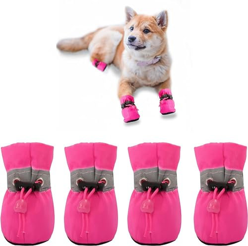 YAODHAOD Hundestiefel Pfotenschutz, Anti-Rutsch-Hundeschuhe Diese bequemen, weichen Sohle sind mit reflektierenden Riemen für kleine Hunde (4: L 4.5 cm*W 4 cm, Rosa)