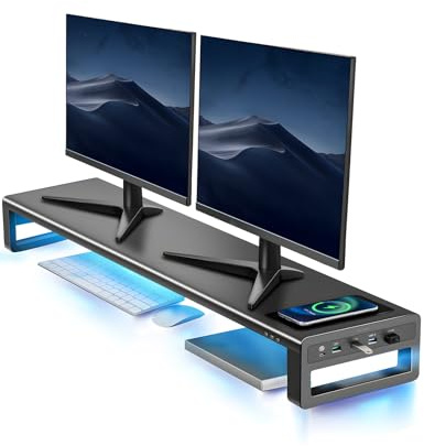 VAYDEER Dual Monitor Stand Riser, Wireless Charging, USB Hub, Black | 20W USB-C Charging, 15W Wireless Charging, RGB Lighting, Metal Construction, For Monitors, Laptops and Desk Organisation