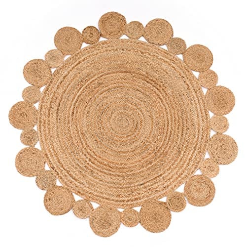 Paco Home Teppich Rund Wohnzimmer Jute Boho Ethno Muster Modern Handgefertigt Naturteppich, Grösse:80 cm Rund, Farbe:Natur 2