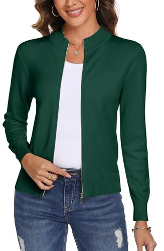 Aottori Cardigan Donna con Zip Maglione Cerniera Leggero Giacca in Maglia Elegante Golfino a Maniche Lunghe Pullover Aperta Casual per Primavera Autunno Invernale Verde XXL