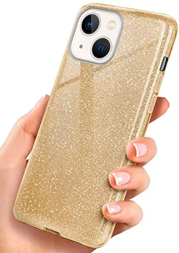 ONEFLOW Glitter Case Compatible with Apple iPhone 13 Mini Case Glitter Shockproof Silicone Protective Case Thin Mobile Phone Case Diamond Rhinestones Glitter Case with Bling Sparkle - Gold
