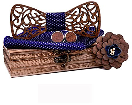 HZQIFEI Noeud Papillon Bois, Ensemble 4 Pièces Noeud Papillon en Bois + Boutons de manchette + Broche + Carré de Poche, Accessoire Mode (Style#06)