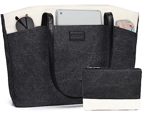 RAVUO Arbeitstasche Damen, Wasserdichte Laptoptasche 15.6 Zoll Elegant Handtasche Groß Aktentasche Shopper Tote Bag 2PCS Set für Reisen Einkauf Schwarz