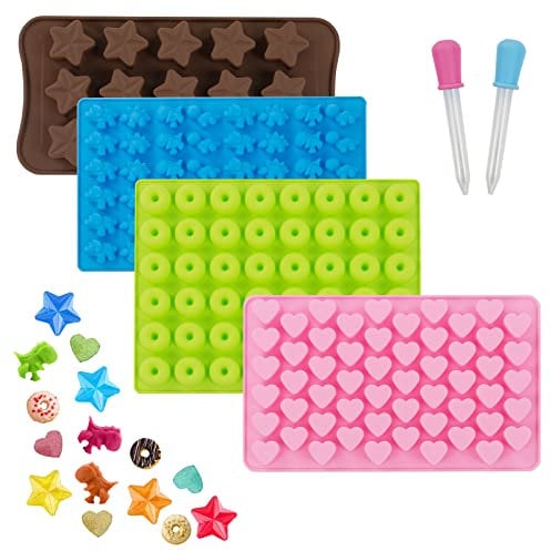 TACYKIBD 4 Pack Candy Silicone Moulds, Ice Cube Tray with 2 Droppers, Chocolate&Sweet Moulds for Cake Decoration for Kids Birthday Party(Dinosaur Donut Heart Star Shape)