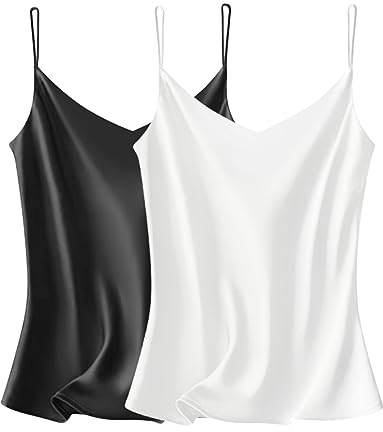 VIDUSSA - Canottiera da donna con scollo a V, in raso di seta, casual, senza maniche