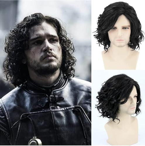XXSLY Rollenspiel Power Game Jon Schnee Perücke, Schwarz, Lockig, WIG, Wig, Perücke, 54 cm - 61 cm (21,2 - 24)