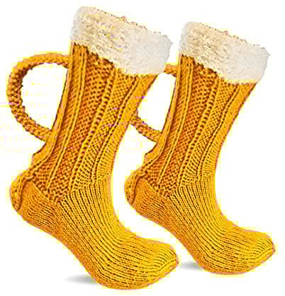 KRYCRHIA Beer Mug Socks Funny Knitted 3D Beer Handle Socks Winter Warm Novelty Floor Sock for Men Knit Beer Socks, Yellow, One Size