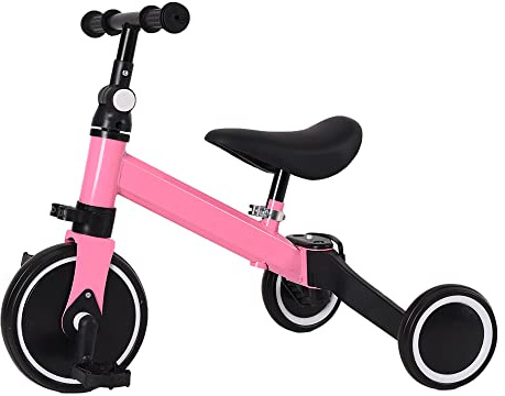 2 in 1 Kinder Dreirad & Laufrad & Balance Bike mit verstellbarem Sitz und Lenker, Kinder Tricycle mit abnehmbaren Pedalen, für Kinder von 1-3 Jahre alt-2 in 1 (rosa)