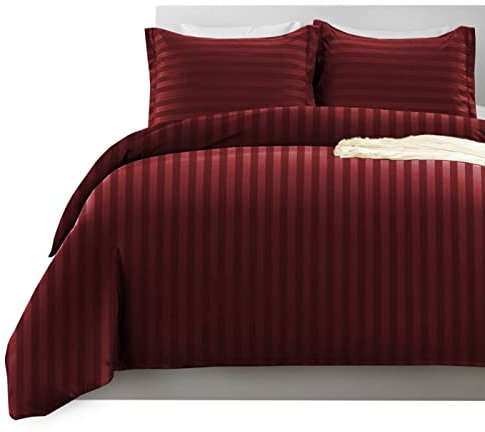 Imperial Rooms Double Duvet Set Reversible Stripes Satin Bedding Set with Pillowcases Breathable Microfiber Duvet Cover (Burgundy 200x200 Cm)