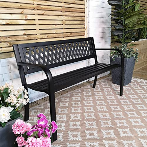 Keswick Metal Garden Bench 2 Seater – Outdoor Bench for Patio, Garden, Balcony or Porch – Weather Resistant Black Powder Coated Frame with Lattice Backrest – Comfortable Small Garden Seat for 2 Adults