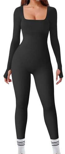 Mayround Yoga Jumpsuit for Women Ribbed Seamless Square Neck Bodysuit Workout Rompers Long Sleeve Exercise Jumpsuits One Piece Romper Workout Playsuit