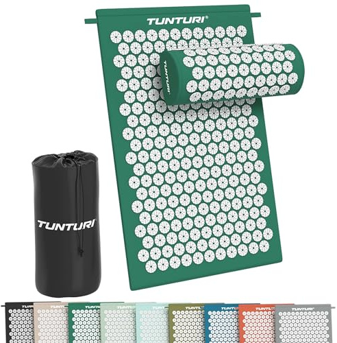 Tunturi Akupressurmatte mit Kissen - Akupunktur Matte - Stachelmatte für Rücken, Nacken, Fuße, Ganzkörper - 2in1 Nagelmatte Akupressurmatte - Anti Stress - 68x42x2cm - Grün