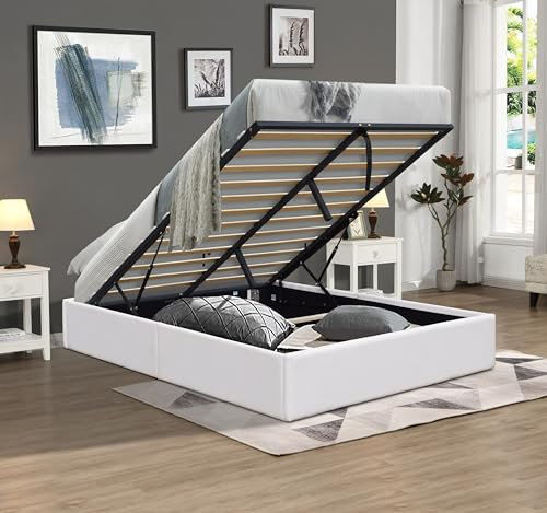 Nuits D'or Solide Lit Coffre Blanc + Pieds pour Matelas 160x200 cm - 14 Lattes - Loris - Montage Rapide et Facile - revetement PVC Simili Facile d'entretien