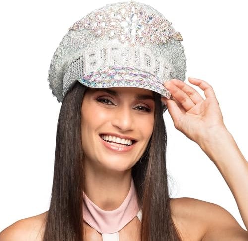 Boland 01435 - Mütze Diamond Bride, silberne Schirmmütze mit Pailletten, Hut für Kostüme, JGA, Karneval und Mottoparty