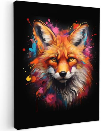MuchoWow© Impression sur Toile Decoration Murale Peinture 50x70 cm Tableaux Decoratifs Muraux Déco Chambre Tableau Salon Graffiti - Renard - Noir - Pop art - Banksy