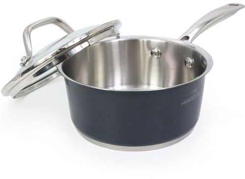 HOMICHEF Cazo de acero inoxidable gris marino pulido mate sin níquel de 0,95 L con tapa de vidrio (sin revestimiento antiadherente tóxico, 16 cm) - Cazo pequeña para inducción con tapa