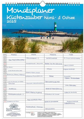 Küstenzauber Nord- und Ostsee Planer Familienplaner 4 Spalten DIN A3 Kalender für 2025 Küste - Set Inhalt: 1x Kalender, 1x Weihnachtskarte (gesamt 2 Teile)