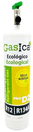 ENVASE GAS REFRIGERANTE ECOLÓGICO ORGÁNICO GASICA D2 PRO COMPATIBLE CON R134A R12 EQUIVALE A 900GR VÁLVULA INCLUIDA
