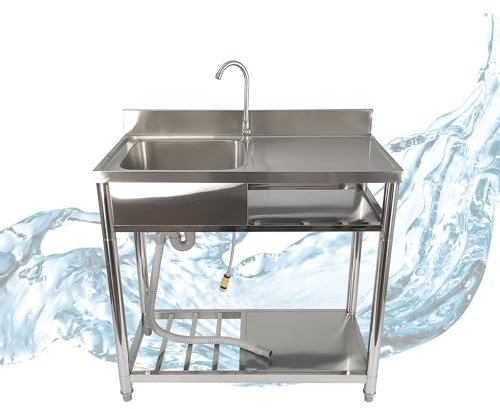 Lemodo freistehender Spültisch – Edelstahl Spültisch mit Wasserhahn, Gartenschlauch-Anschluss, Ablagefläche, mobiles Waschbecken für Outdoorküche, Gastro, Garten, Camping, Küchen Spülbecken