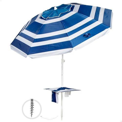 AKTIVE Sombrilla playa, Marinera, 210 cm, Mesa central con posavasos, Colgador, Mástil acero, Inclinable y regulable en altura, Tejido poliéster Oxford, Protección UV50, Sombrillas grandes (62330)