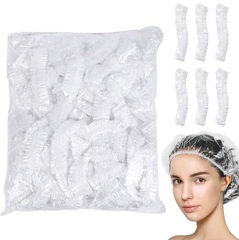 100Pcs Disposable Shower Caps, Waterproof Hair Caps 44CM Large Clear Hair Bath Cap, Plastic Elastic Bath Cap for Women Kids Girls, Hotel and Hair Solon Travel Spa Home Use