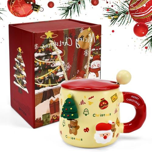 HEKOBAG Tazza Natalizia Ceramica 420ml Tazza Colazione Natalizia Tazze da Latte Natalizie con 1 Cucchiaio Acciaio Inox 2 Adesivi Magnetici Frigorifero Natalizio per Regalo di Natale(Rosso e Bianco)