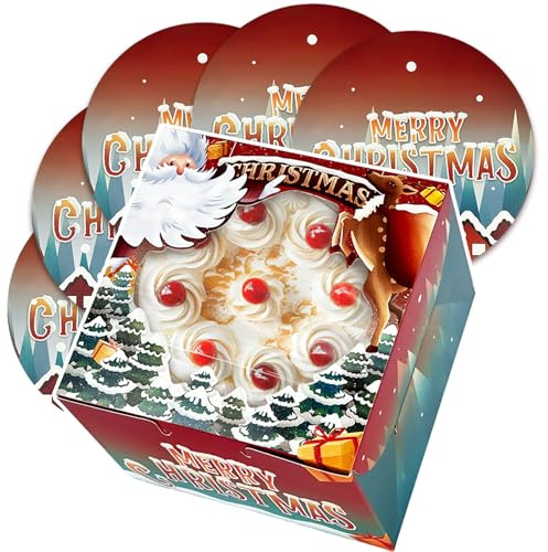Gcardist Christmas 10x10x5 Cake Box, 5 Sets Christmas Cake Box with Window & 5 Sets 10 Christmas Snow House Cake Round Boards, 10inch Cake Containers(25.4x25.4x13cm)