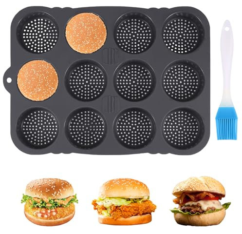 Yallmie 12 Cavités Moule à Pain Hamburger, Rond 8cm Moule Pain Hamburger Silicone, Résistant à la Chaleur Moule Pain Burger Outils de Cuisson pour Muffins, Gâteau au Chocolat, Lave-Vaisselle