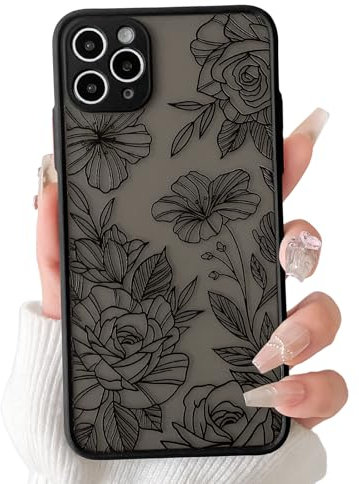 NITITOP Compatible with iPhone 11 Pro Max Case Cute Aesthetic Floral Flower Vintage Rose Black Pattern Matte Clear Women Girl Full Camera Lens Slim Hard PC Shockproof Pritective Cover - Black