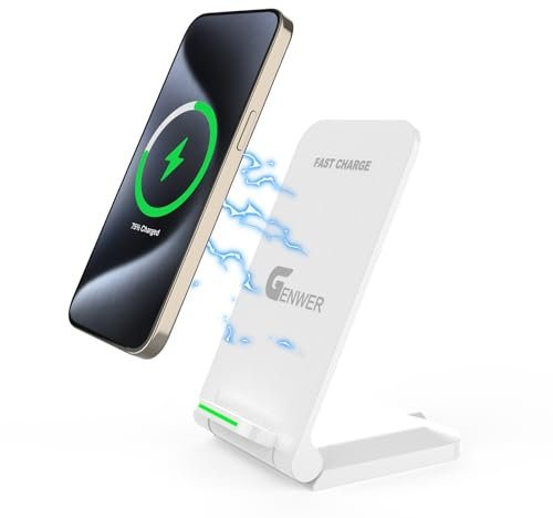 GENWER Induction Charger Stand, 15W Qi Certified Wireless Fast Charging Dual Coil for iPhone 16 15 14 13 12 11 Pro Max Samsung Huawei Xiaomi Google etc - Phone Holder