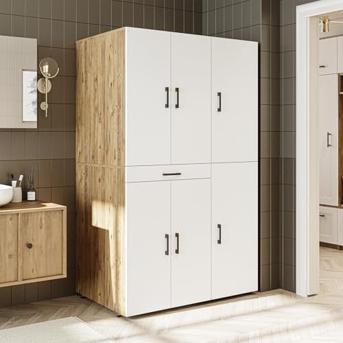 Roomart - Armadietto per lavatrice e asciugatrice Dora in 4 colori, con ante e pannello scorrevole, in rovere bianco, rovere antracite, altezza 230 cm