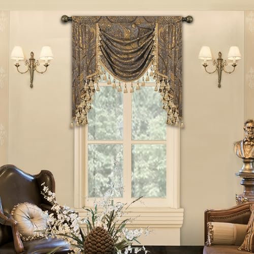 TOPLUXE Swag Volant Vorhang für Schlafzimmer Esszimmer Wohnzimmer Küche, Damast Kurzstore Waterfall Volant-Vorhang für Fenster 1 Stück (Breite 100cm, Grau & Gold)