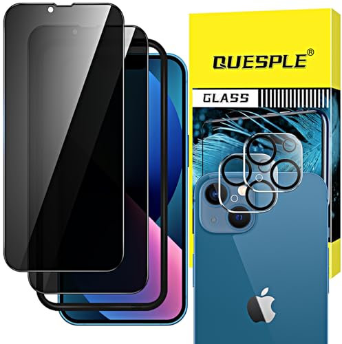 QUESPLE [2+2 Pièces] Verre Trempé Anti Espion pour iPhone 13 6,1 Pouces avec Protection d'Objectif de Caméra, Film de Confidentialité Protection en Écran, Équipé d'un Outil d'Alignement Simple