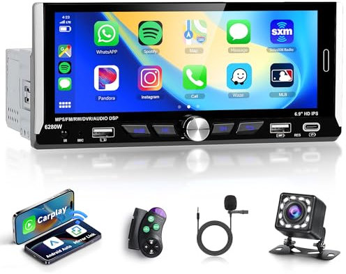 Rimoody Autoradio 1 Din Carplay Senza Fili Android Auto 6.9 Pollici Touchscreen Autoradio con Mirror Link FM/RDS/EQ Bluetooth USB/Tipo C/DVR/TF Comandi al Volante 12LED Telecamera Posteriore Microfono